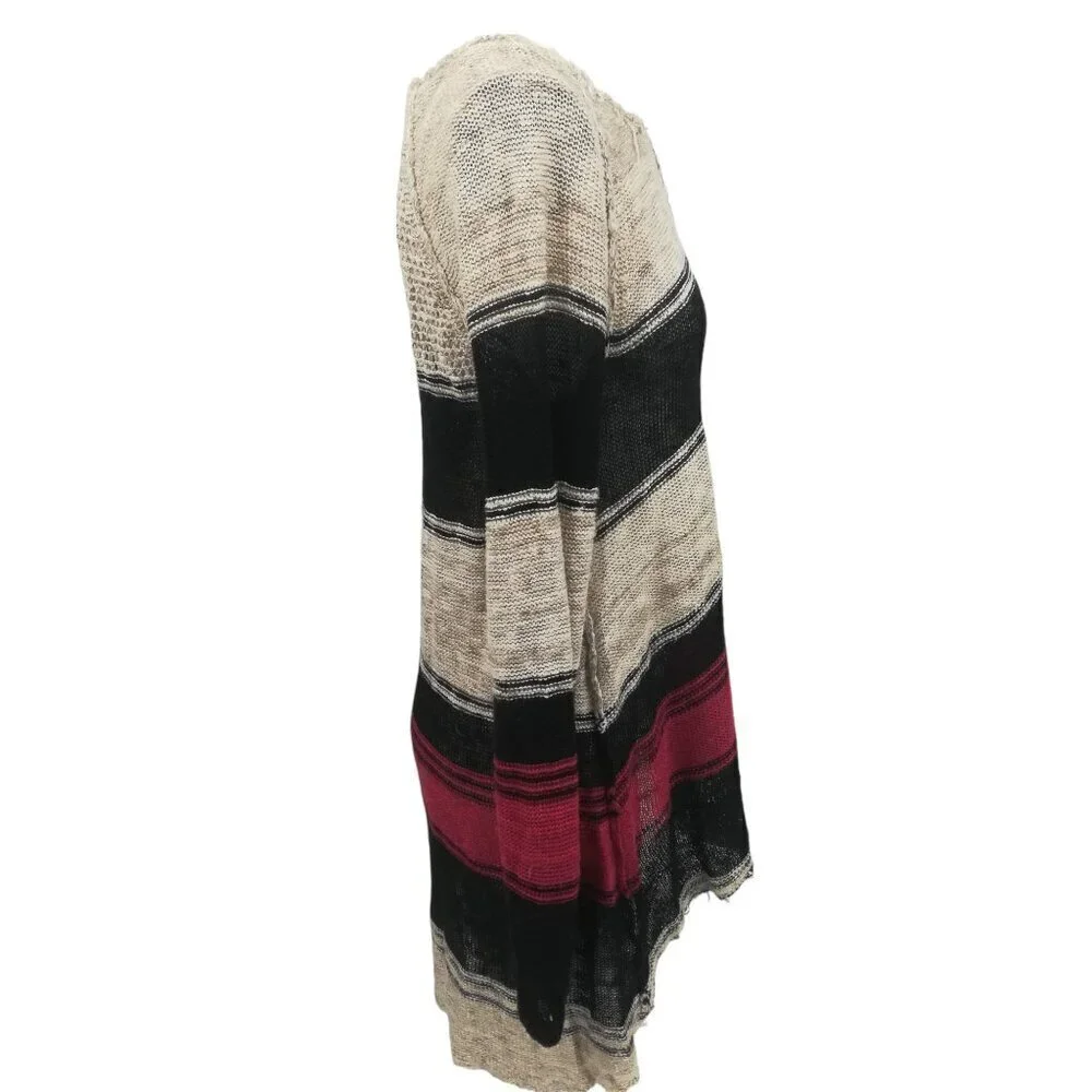 Free People Open Knit Tunic Hi Low Sweater Size S Striped Boho Bohemian Beige